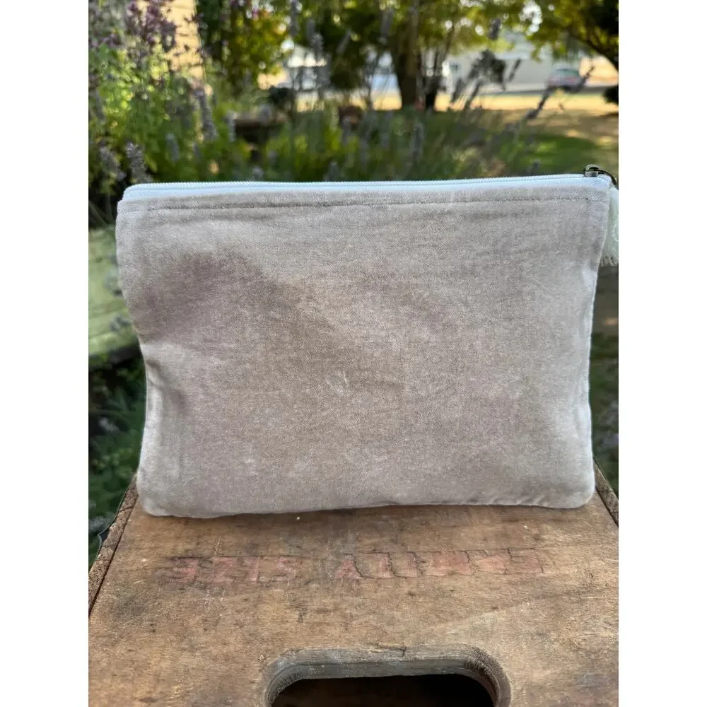 Light Brown Velvet Makeup Bag 10 x 7 Pouch Tan Neutral Makeup Travel Bag